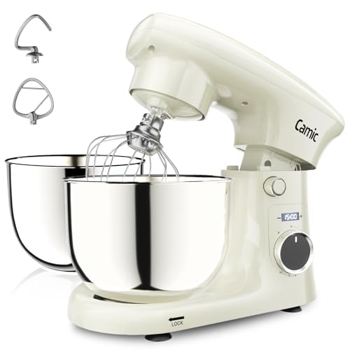 Image of Camic Stand Mixer, 4.2QT+5.3QT Two bowls Electric Food Mixer, 10 Speeds with Digital setting 3-IN-1 Kitchen Mixer for Baking Cakes Cookie Bread Salad with Egg Whisk,Dough Hook,Flat Beater (White)