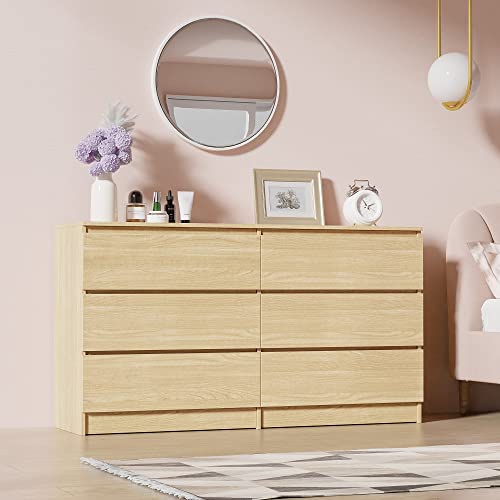 Cozy Castle 6 Drawer Oak Dresser With Cutout Handle, Accent Dressers & Chests Of Drawers With Double Anti-Tilt Devices, Storage Dresser For Bedroom #TOP2