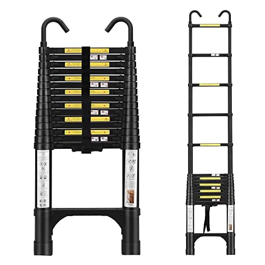 15.5 FT Telescoping Ladder with 2 Detachable Roof Hooks Aluminum Telescopic Extension Ladder with 2 Triangle Stabilizers, Multi-Purpose Collapsible Ladder for Household and Outdoor Working