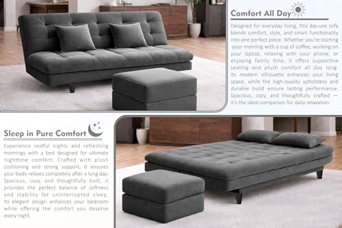 Image of Rosebell Modern Three-Seater Sofa Cum Bed - Foldable Velevt Fabric Sofa, Foam Seating Stylish Design for Living Room, Guest Room & Office - Grey Color