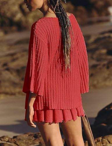 Image of Sweater Set Two Piece Skirt Sets for Women Long Sleeve Two Piece Outfits Loose Knit Pullover Mini Skirt