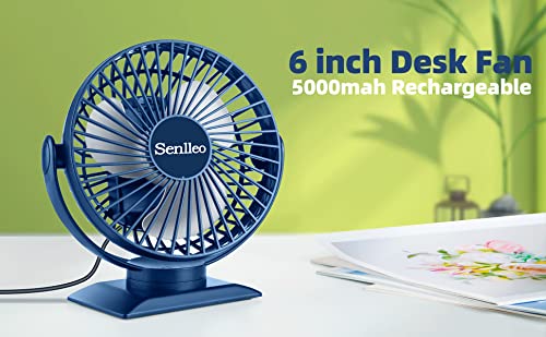 6 inch Rechargeable Desk Fan, 5000mah Portable Battery Fan, 3 Speeds, 720° Rotation, 8-30Hours Work, Removable Fan Cover, Battery Powered Personal Quiet Fan - Blue