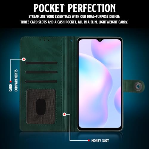 Image of WOW IMAGINE Shock Proof Flip Cover Back Case for Xiaomi Mi Redmi 9A | 9i | 9A Sport (Magnetic Button Flip Case | Wallet Pockets & Stand | Leather Finish | Forest Green)