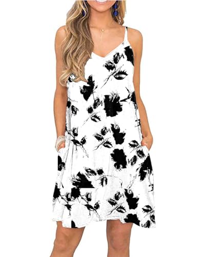 Image of Women's Summer Spaghetti Strap Casual Swing Tank Beach Cover Up Dress with Pockets