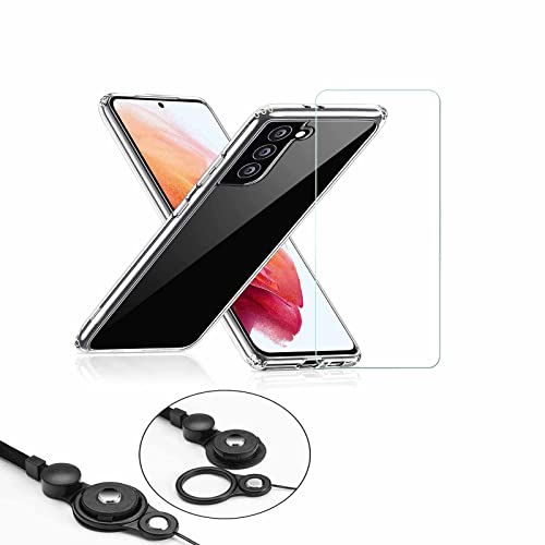 Galaxy S21 5G / SC-51B / SCG09 ガラスフィルム+ケース+両用ストラップ付き スマホカバー 超薄型 軽量 TPU クリアケースカバー SC-51B SCG09 ギャラクシー S21 フィルム 保護フィルム 防指紋 高透過率 携帯 ネックストラップ 落下防止 長さ調整可能