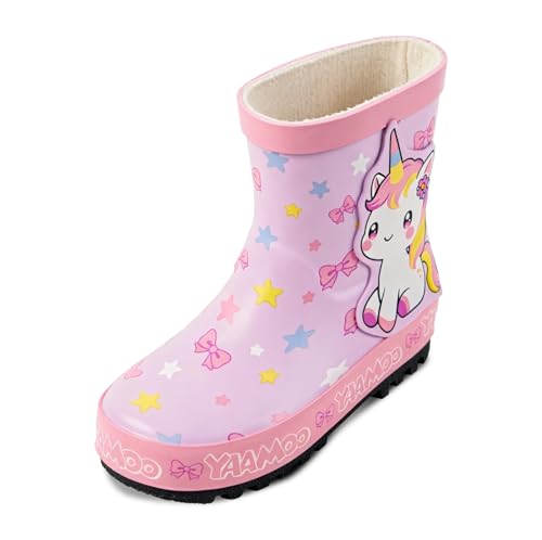 YAAMOO Gummistiefel Kinder Regenstiefel Kinder Gummistiefel Mädchen mit Einhorn-Design Wasserdicht Anti-Rutsch Sohle Rosa-Lila Größe 30