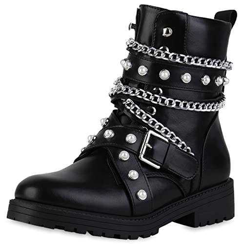 VAN HILL Damen Leicht Gefütterte Biker Boots Blockabsatz Schuhe Ketten...