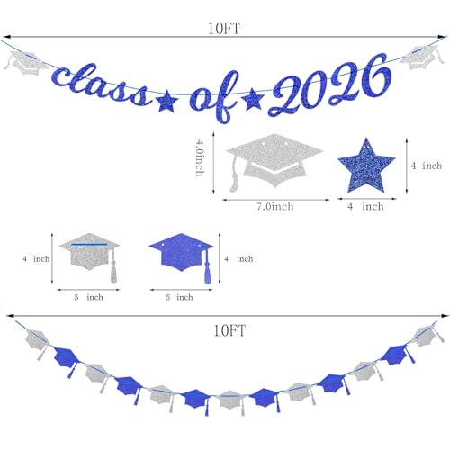 Image of Navy-Blue White-Silver Party-Decoration Graduation Banner - 14pcs Kits Cap Garland Streamers, Royal Paper Tissue Pom Poms Flowers Fans Honeycomb,Class Of 2026 College High School Grad Decor Hugfond