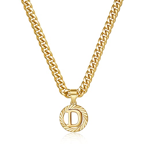 KissYan Gold Initial Necklace,14K Gold Plated Round Letter Pendant Hollow Capital Monogram 5mm Cuban Chain Necklace Alhpabets from A-Z Dainty Jewelry for Women Men Girls…