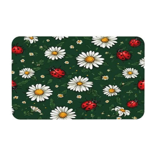 Non-Slip Diatomaceous Earth Bath Mats for Bathroom Bathtub Floor,Soft Absorbent Quick Drying Diatomite Stone Shower Mat,Ladybugs White Daisy Flower On Green Bathroom Rugs,20x31.5IN