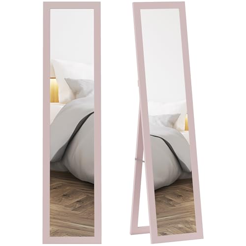 Homcom Espejo De Pie Cuerpo Entero 157x37 Cm, Espejo De Cuerpo Entero Con Soporte, 3 Formas De Uso, Independiente, Montaje Pared Y Apoyado, Para Salón, Entrada, Dormitorio, Rosa Perla Claro