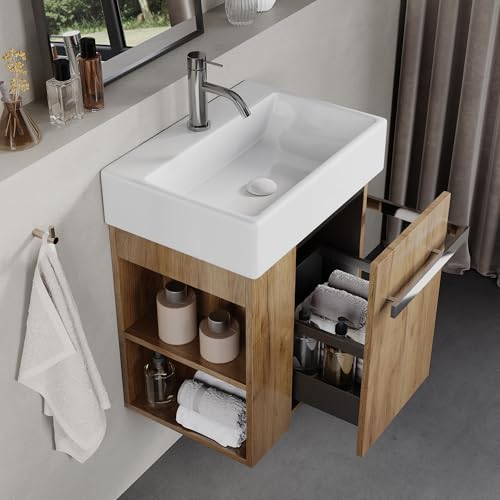 BRIDGE BENO Meuble De Salle De Bain De 50 cm avec Lavabo en Céramique, Tiroir À Fermeture Douce, Poignée Porte-Serviettes, Option Gauche/Droite, European Oak