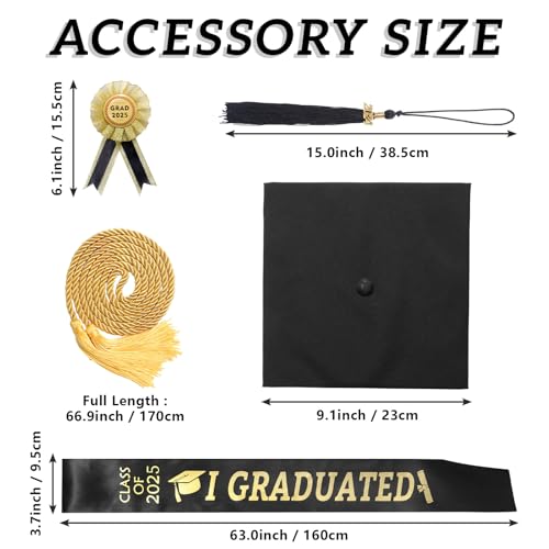 Joyesplay Abschluss Talar mit Doktorhut und Quaste 2025,6 Stück Abschlusskleid Schwarz mit Bachelor Hut Quasten 2025 für Bachelor Master Doktor (Schwarz, 51)