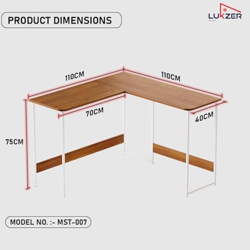 Image of Lukzer Engineered Wood L-Shaped Corner Study and Computer Laptop Table for Home or Office | MST-007 /White & Oak Brown | Multi-Functional Sturdy Gaming Station and WFH Desk with Metal Frame