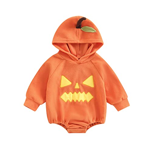 Image of xiqaalombvt Infant Baby Girl Boy Halloween Clothes Pumpkin Romper Fleece Hoodie Sweatshirt Onesie Long Sleeve Outfit (Pumpkin, 6-12 Months)