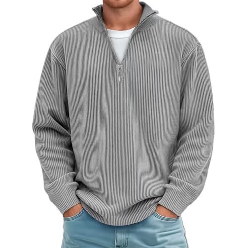 Sudadera sin Capucha Hombre Tejido de Pana Manga Larga Cuello Cremallera Cálida Texturizada Otoño Invierno Casual (Grey, XXL) #81