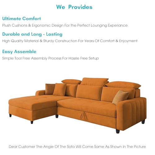 Image of Casaliving Gagnon LHS 4 Seater L Shape Corner Sofa Cum Bed for Living Room (Orange Fabric) Premium Fabric Sofa