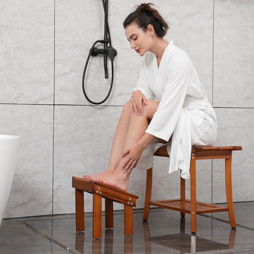 Utoplike Teak Wood Shower Foot Stool for Shaving Legs, Sturdy Shower Foot Rest for Shower Shaving, Wooden Shower Foot Step for Bathroom