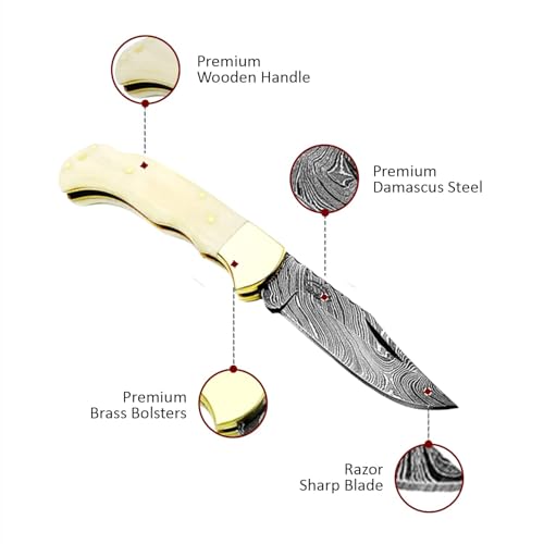 Best.Buy.Damascus1 Ultimate Folding knife blue Wood Pocket Knife Compact, Damascus Knife - knives Ideal for Outdoor, Survival, Camping & Everyday Use Knife Set