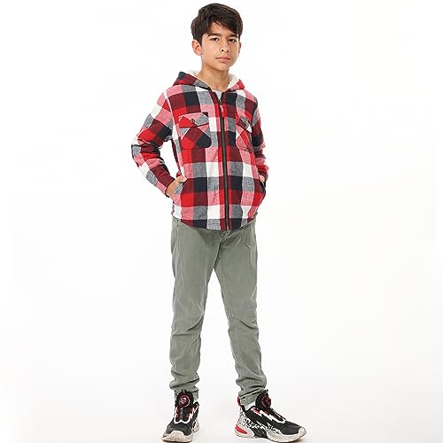Image of ThCreasa Boys Plaid Flannel Jackets Sherpa Lined Zip Up Long Sleeve Warm Flannel Shirt with Hood