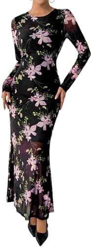 BTFBM Wedding Guest Dresses for Women Fall Fashion 2025 Bodycon Long Sleeve Boho Mesh Party Cocktail Floral Maxi Dress