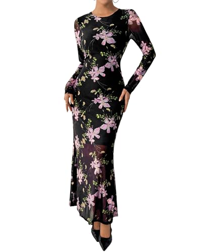 BTFBM Wedding Guest Dresses for Women Fall Fashion 2025 Bodycon Long Sleeve Boho Mesh Party Cocktail Floral Maxi Dress(Black Pink, Small)