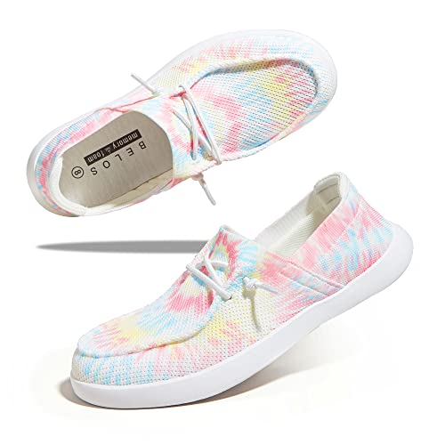 Image of BELOS Women's Rhinestone Lace Up Loafers Shoes Comfortable Slip On Mesh Knit Walking Shoes Fashion Lightweight Sparkly Glitter Sneaker