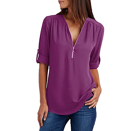 playera larga de ajuste holgado para mujer, cuello en V, de gasa, básica, para otoño, verano, 2024, W-456 Morado, X-Large