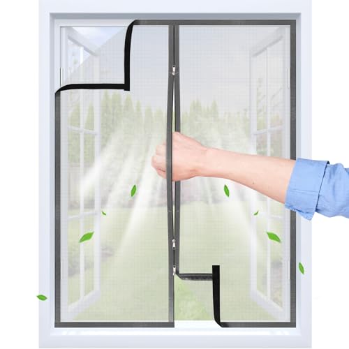 Moustiquaire Fenetre Adhésive avec Fermeture Éclair | 110x120 cm | Bande Auto-agrippante Transparent et Tissu PP Respirant | Réutilisable & Lavable |...