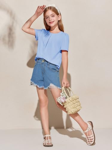Image of Girls Shirts Summer Short Sleeve Cute Tops Chiffon Pleated Blouses 5-14 Years