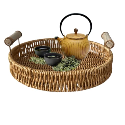 Bandeja Ratán - Tejida De Servir con Asas para Desayuno Pan & Fruta | Cesta Decorativa Almacenamiento para Cocina Baño | Organizador para Picnic Estilo Japonés