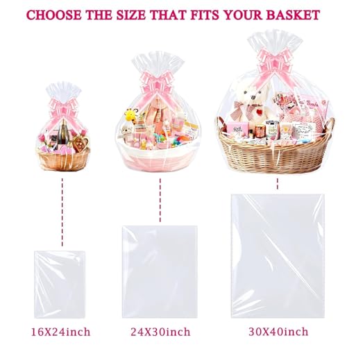 Image of PigPotParty Cellophane Bags for Gift Baskets, 30x40 in, 10 Pack, Pink Bows | Thick clear OPP holds shape; seamless bottom resists tears; easy-to-use large pull bows save time and add a polished finish