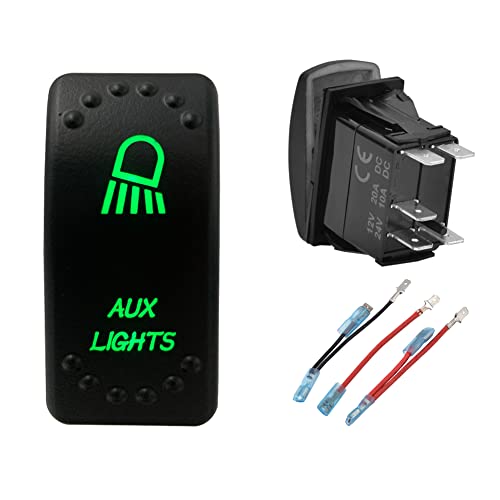 Image of Green Backlit AUX Lights Rocker Switch 5 Pin ON-Off Laser Etched Button Switch with Wires for Car Marine Boat UTV 20A /12V 10A /24V