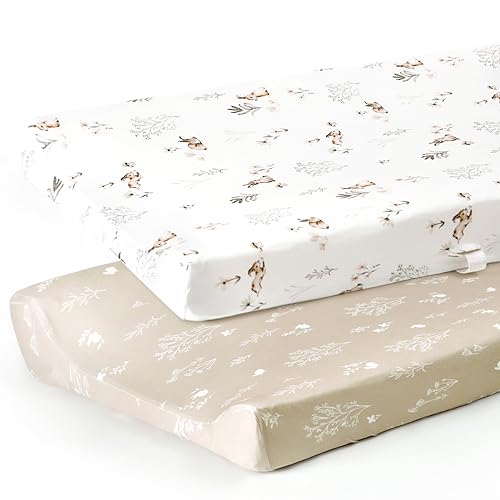 Image of GRSSDER Stretch Ultra Soft Jersey Knit Changing Pad Cover Set 2 Pack, Change Table Pad Covers Fit 32"/34" x 16" Pads Safe and Snug, Pretty Pattern for Boys and Girls, Stylish Watercolor Rabbit Pattern