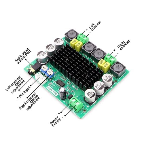 Image of Gold A543 TPA3116D2 120W Stereo Audio Amplifier Board - High-Power Class D Digital Amp Module with Heatsink - DC 5V-24V Input - Ideal for Home Audio, DIY Speakers, Subwoofers & Car Amplification