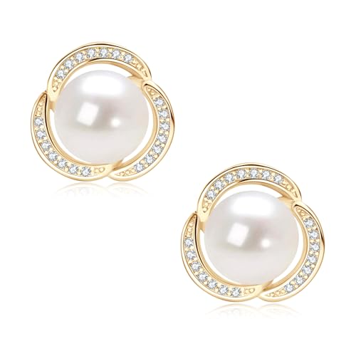 Pearl Stud Earrings for Women Freshwater Cultured White Pearl with Cubic Zirconia Anniversary Birthday Mother Day Jewelry Gifts for Her