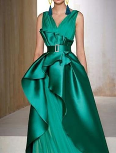 Chiffon A-Line Elegant Wedding Guest Dresses Sleeveless V Neck Floor Length Belt Ruffles Formal Evening Dress4