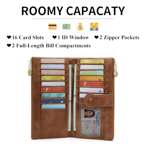 Image of GOIACII Wallet for Women Ladies Wallets Double Zippers Clutch Purse Brown | Bifold Ladies Card Holder,Zipper Pockets,Ladies Wallets,Vintage Wallets for Women
