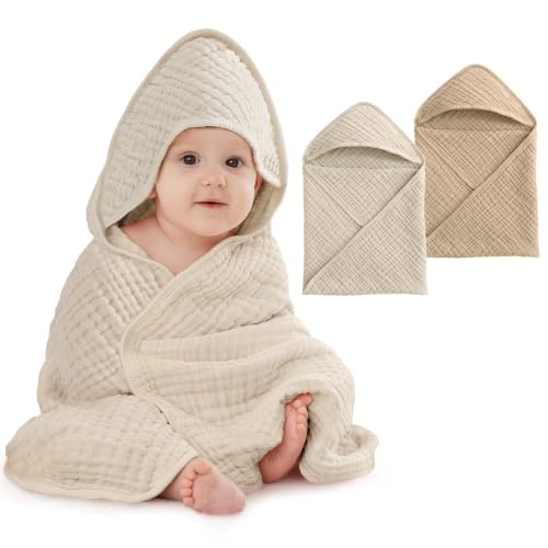 Image of Unnivoll Hooded Baby Towels for Newborn - 2 Pack, 100% Muslin Cotton, Baby Bath Towels with Hood, Soft and Absorbent for Boys, Girls Infant, Toddler and Kids, Large 32x32 Inches, Newborn Essential