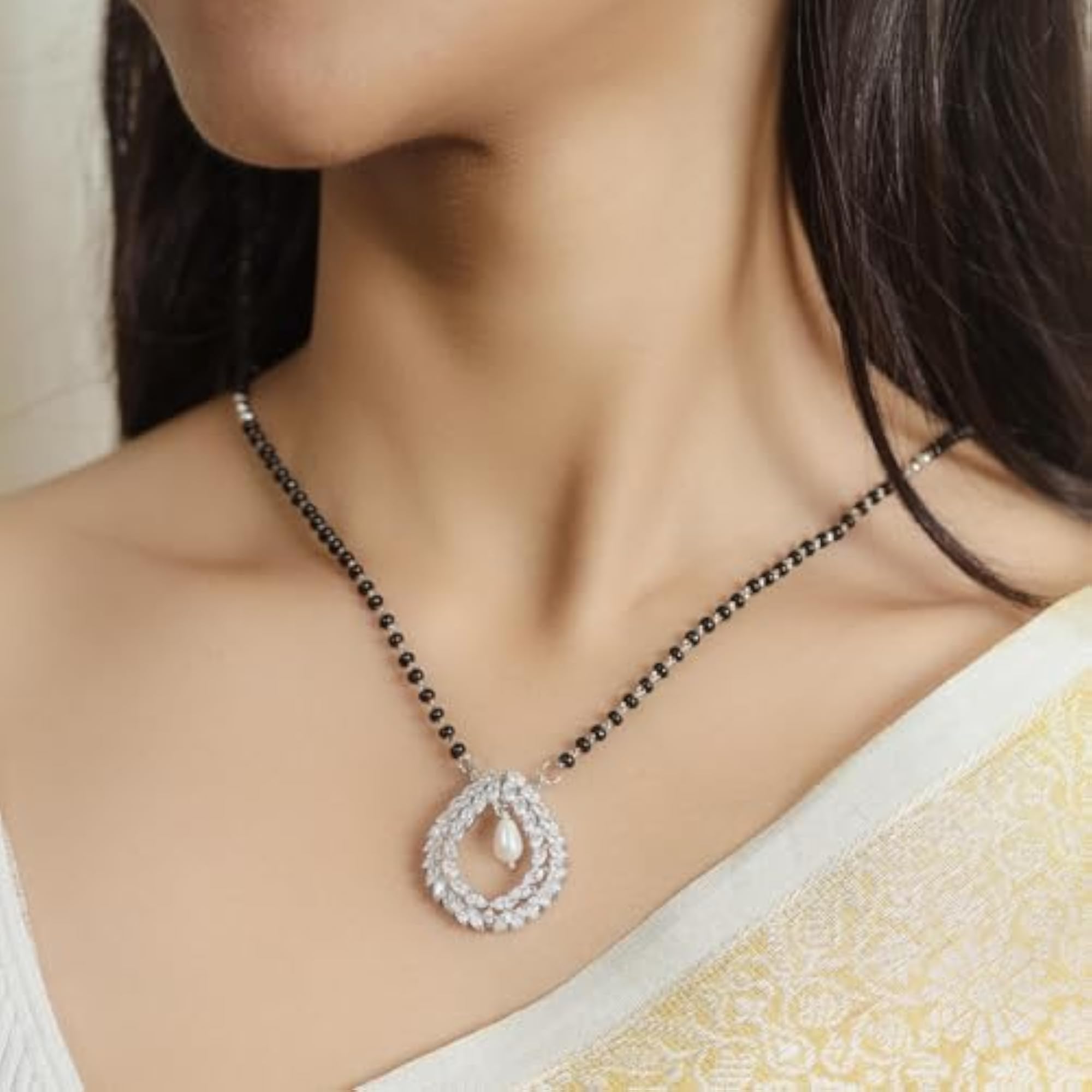 Elegant Pearl Mangalsutra Necklace with Black Beads and Silver Crystal Pendant