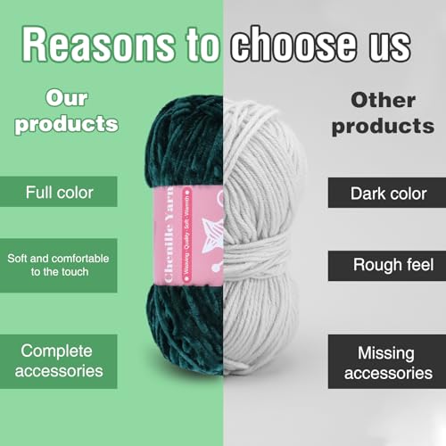 Image of LUNARM Chenille Velvet Yarn for Crocheting Knitting, 3 Pack of 100g /3.5oz Velvet Yarn for Crocheting & Knitting, 486 Yard Soft Yarn for Making Creations & Crochet & More (Dark Green)