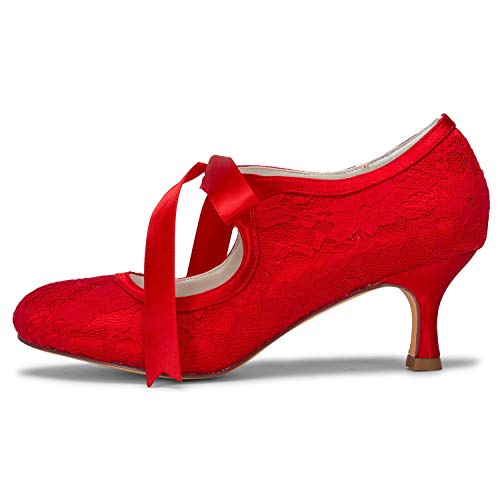 JIAJIA 140311 Women's Bridal Shoes Closed Toe Stiletto Heel Lace Satin Pumps Ribbon Tie Wedding Shoes4