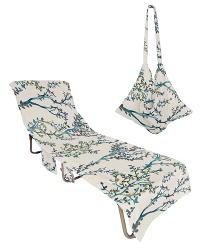 Teal Botanical Beach Lounge Chair Towel Cover, Soft Chaise Lounge Towel with Side Pockets Patio Pool Chairs Cover for Beach/Pool Sunbathing 29x85 Elegant Spring Floral Summer Branches Rustic