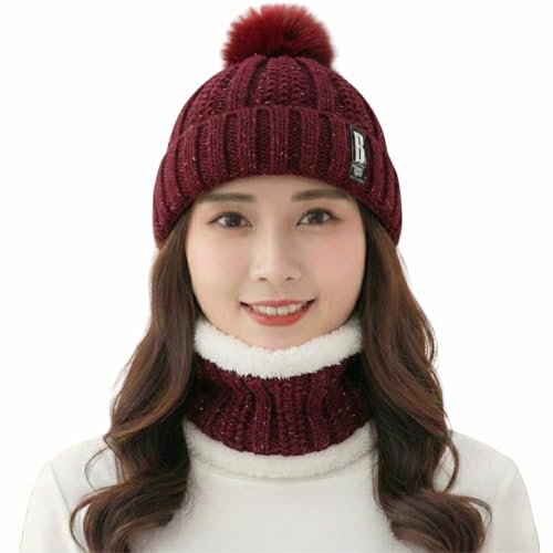 Image of Kraptick Women's Winter Beanie Cap and Scarf Set with Soft Fleece Lining, Thick Cable Knit Woolen Cap for Ladies & Neck Warmer for Extreme Cold Stylish Pom Pom Hat & Scarf Set -7