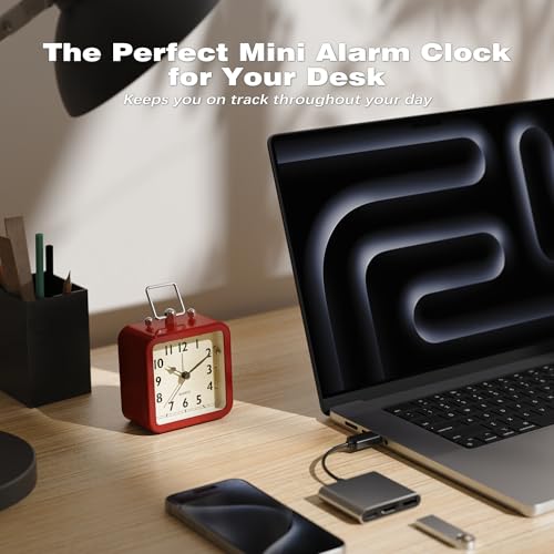 Image of AYRELY Small Metal Alarm Clock, Desk and Table Clock for Travel | Battery Operated Retro Silent Clock with Light for Bedroom, Bedside, Shelf and Living Room Decor (Matte Red)