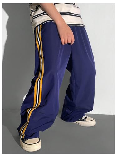 Verdusa Boy's Side Striped Pants Drawstring Waist Straight Leg Letter Patched Baggy Trousers2