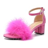 Omthanka Women's Open Toe Feather Heels Ankle Strap Low Block Chunky Heels Sandals Party Dress Pump Shoes Hot Pink-39 US7.5