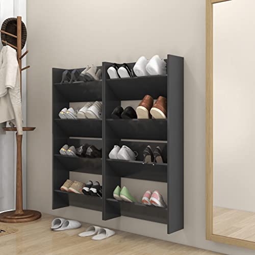 FIRBNUS Armario de Recibidor 4 uds con 2 Baldas Basculantes Armario Zapatos de Pared Shoes Rack Mueble Zapatero Gris Estantería Armario de Pasillo Armario Zapatero Madera Aglomerada