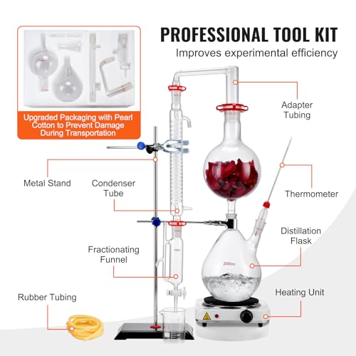 VEVOR Essential Oil Distillation Kit, 2000ml Distillation Apparatus, 3.3 Boro Lab Glassware Distillation Kit with 1000W Heating Plate and 24, 40 Joint, 28 pcs Set