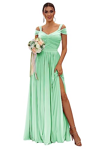 Image of SOLODISH Off The Shoulder Bridesmaid Dresses Long Chiffon Formal Evening Dresses for Women